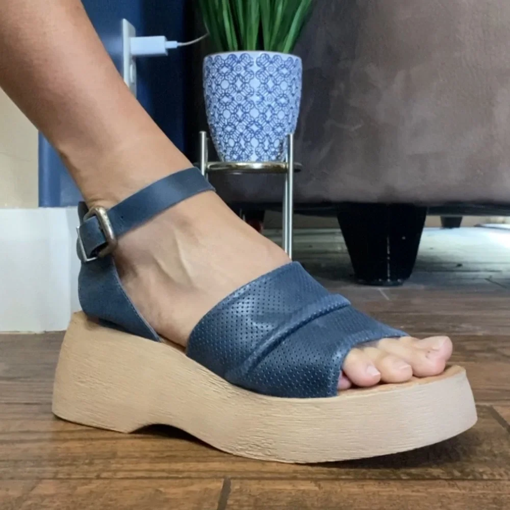 Miz Mooz Navy Leather Platform Sandals